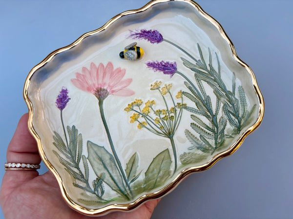 Bumble Bee Fairy Garden Jewelry Holder, Rectangular Ceramic Dish with Gold Accent