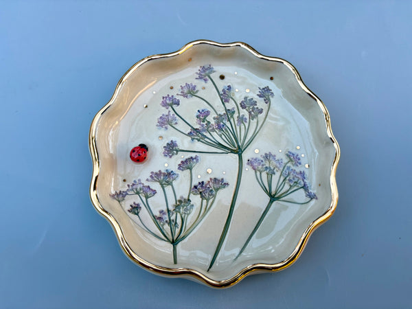 Ladybug Jewelry Dish with Purple Flowers and Gold Accent