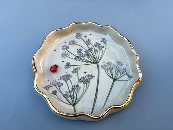 Ladybug Jewelry Dish with Purple Flowers and Gold Accent