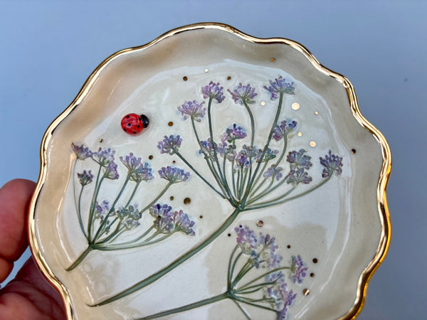 Ladybug Jewelry Dish with Purple Flowers and Gold Accent