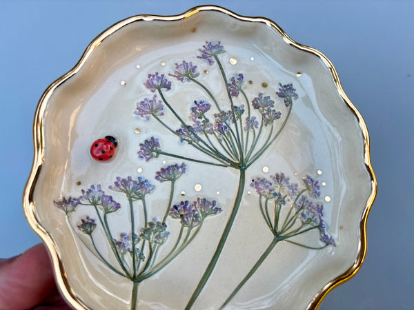 Ladybug Jewelry Dish with Purple Flowers and Gold Accent