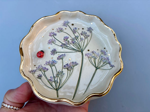 Ladybug Jewelry Dish with Purple Flowers and Gold Accent