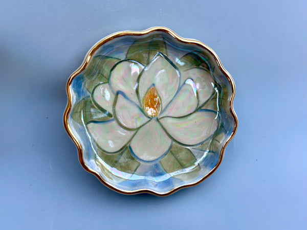 White Magnolia Flower Jewelry Holder, Ceramic Dish with Gold Accent