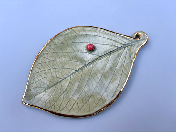Ladybug Wall Hanging, Ladybug on Hydrangea Leaf with Gold Accents