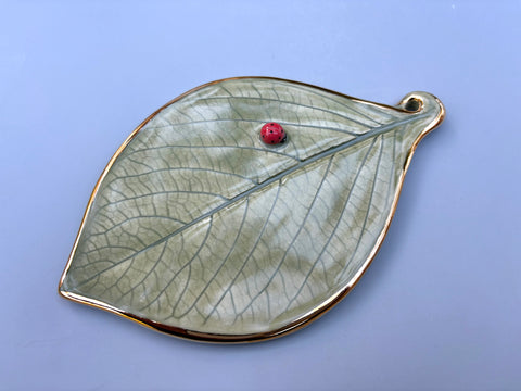 Ladybug Wall Hanging, Ladybug on Hydrangea Leaf with Gold Accents