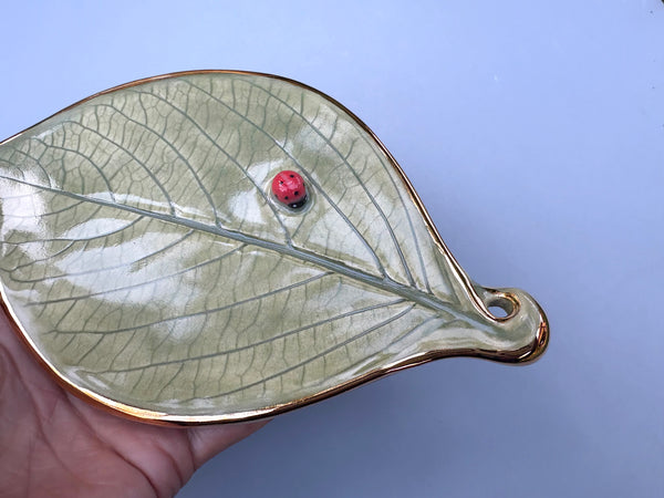 Ladybug Wall Hanging, Ladybug on Hydrangea Leaf with Gold Accents