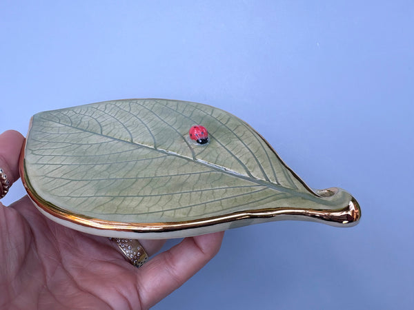 Ladybug Wall Hanging, Ladybug on Hydrangea Leaf with Gold Accents