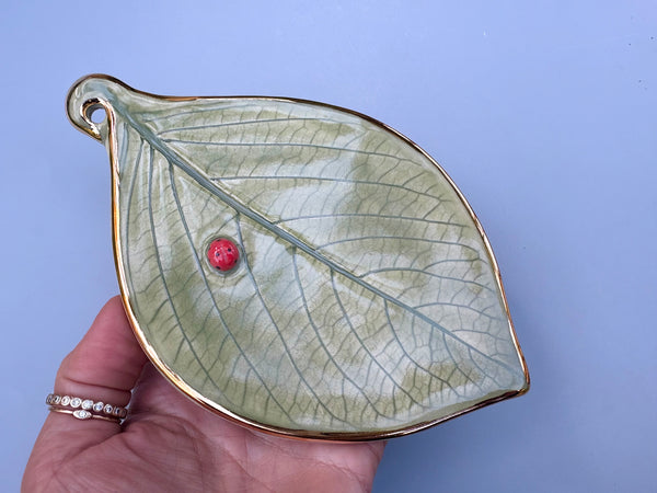 Ladybug Wall Hanging, Ladybug on Hydrangea Leaf with Gold Accents