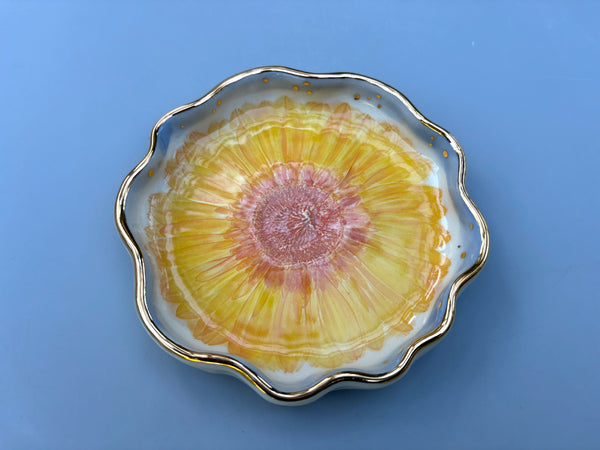 Sunflower Jewelry Dish, Ceramic with Gold Accents