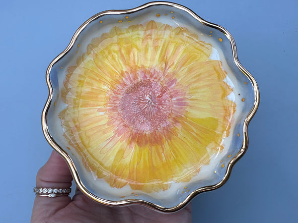 Sunflower Jewelry Dish, Ceramic with Gold Accents