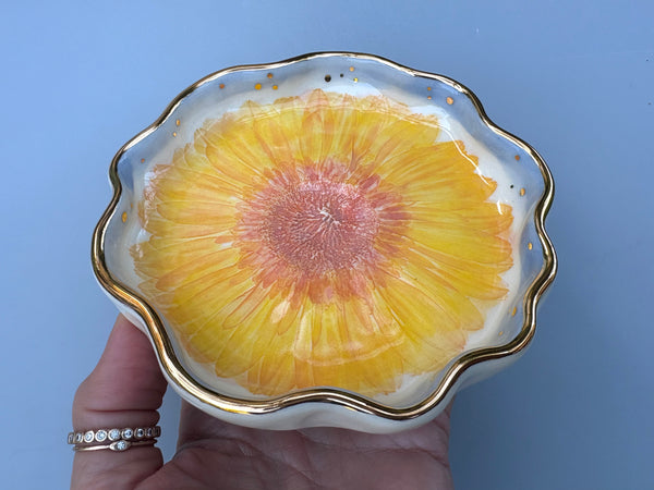 Sunflower Jewelry Dish, Ceramic with Gold Accents