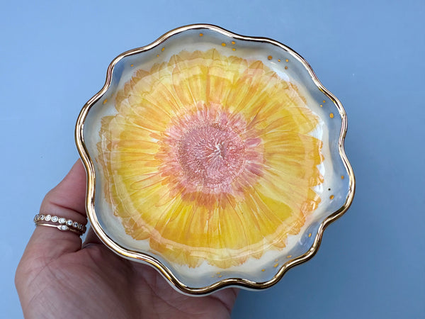 Sunflower Jewelry Dish, Ceramic with Gold Accents