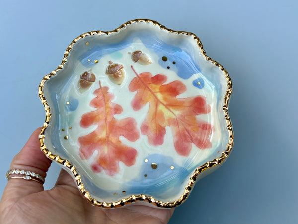 Oak Leaf and Acorn Ceramic Jewelry Dish, Colorful Fall Leaves with Gold Accent