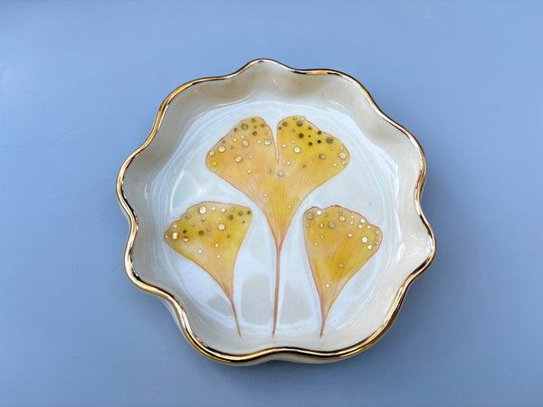 Golden Ginkgo Leaf Jewelry Holder, Ceramic Dish with Gold Accents