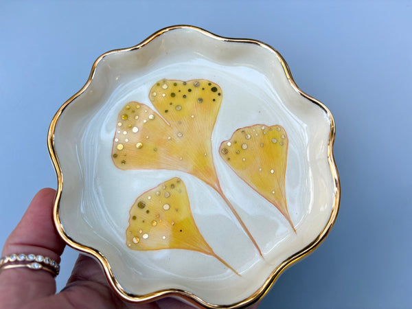 Golden Ginkgo Leaf Jewelry Holder, Ceramic Dish with Gold Accents
