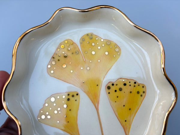 Golden Ginkgo Leaf Jewelry Holder, Ceramic Dish with Gold Accents