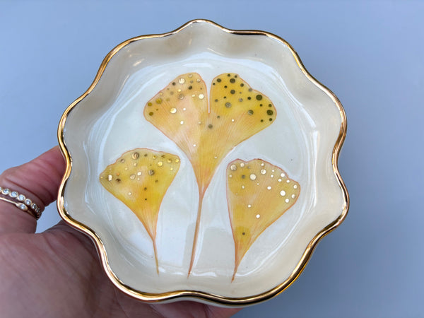 Golden Ginkgo Leaf Jewelry Holder, Ceramic Dish with Gold Accents
