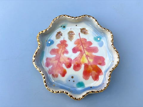 Oak Leaf and Acorn Ceramic Jewelry Dish, Colorful Fall Leaves with Gold Accent