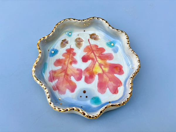 Oak Leaf and Acorn Ceramic Jewelry Dish, Colorful Fall Leaves with Gold Accent