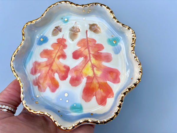 Oak Leaf and Acorn Ceramic Jewelry Dish, Colorful Fall Leaves with Gold Accent