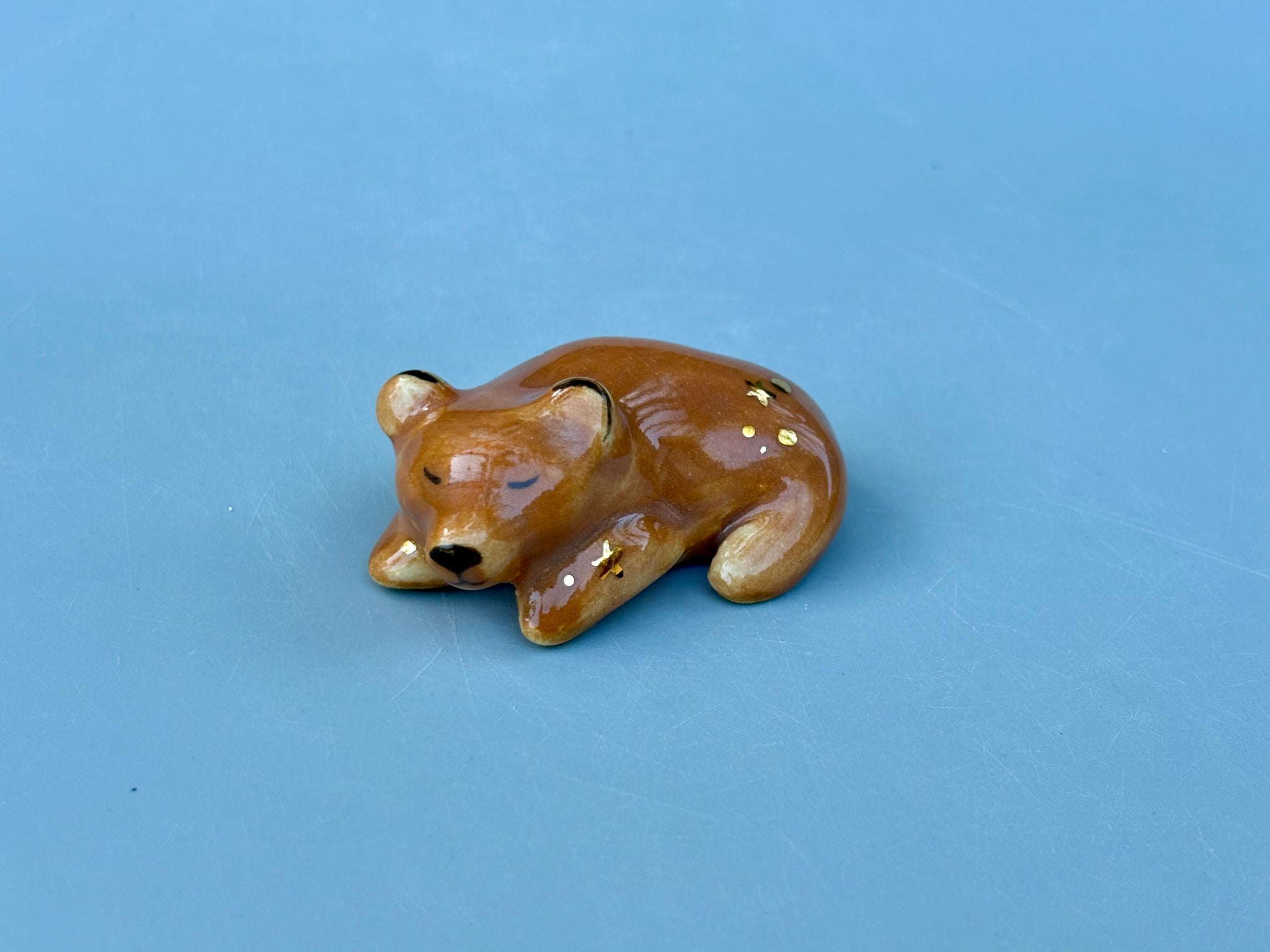 Tiny Guardian: Brown Bear Figurine Ceramic Sculpture with 22kt gold