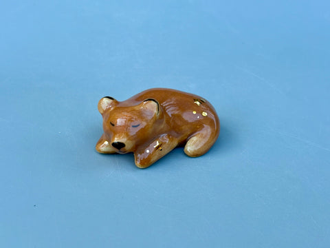 Tiny Guardian: Brown Bear Figurine Ceramic Sculpture with 22kt gold