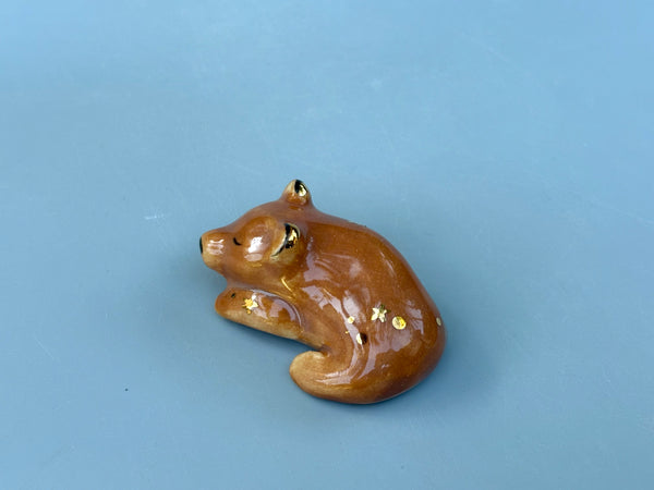 Tiny Guardian: Brown Bear Figurine Ceramic Sculpture with 22kt gold