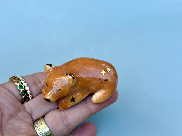 Tiny Guardian: Brown Bear Figurine Ceramic Sculpture with 22kt gold