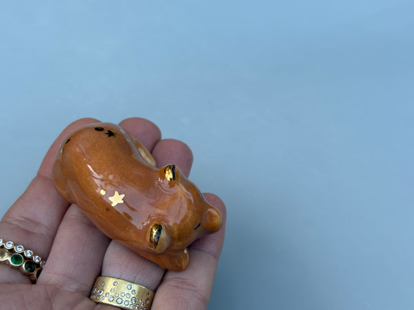 Tiny Guardian: Brown Bear Figurine Ceramic Sculpture with 22kt gold