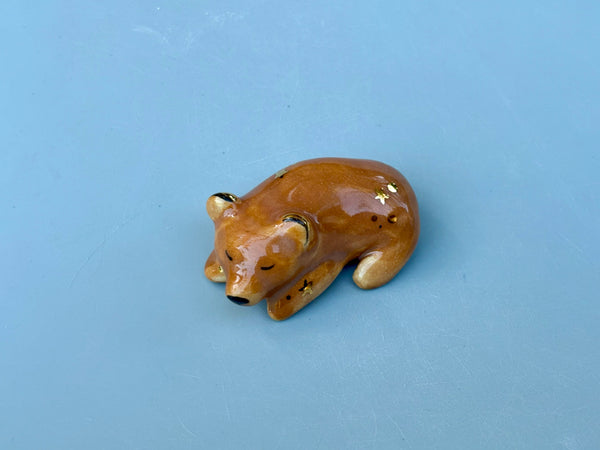 Tiny Guardian: Brown Bear Figurine Ceramic Sculpture with 22kt gold