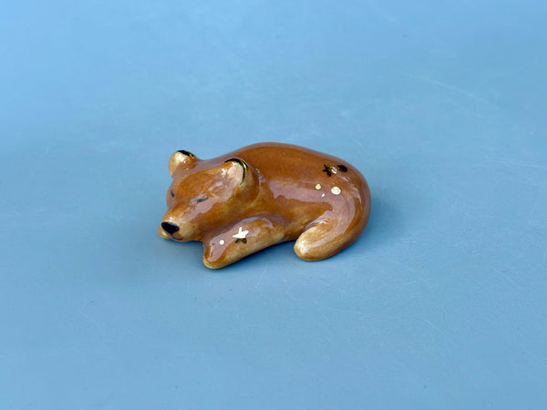 Tiny Guardian: Brown Bear Figurine Ceramic Sculpture with 22kt gold