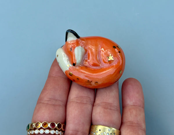Tiny Guardian: Red Fox Figurine Ceramic Sculpture with 22kt gold