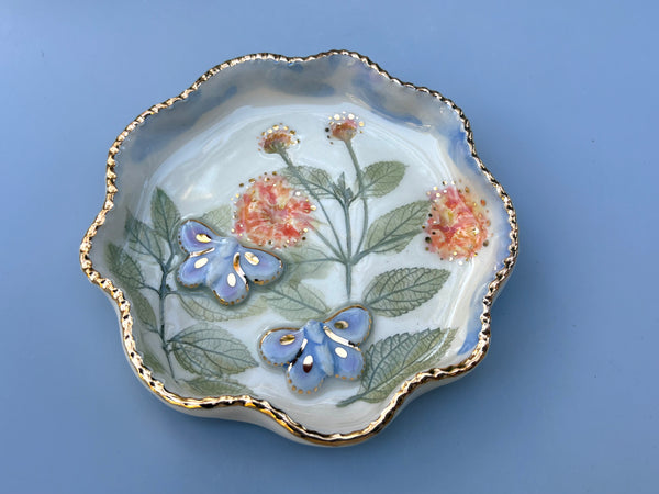 Blue Butterfly Jewelry Dish with Lantana Flower and Gold Accent