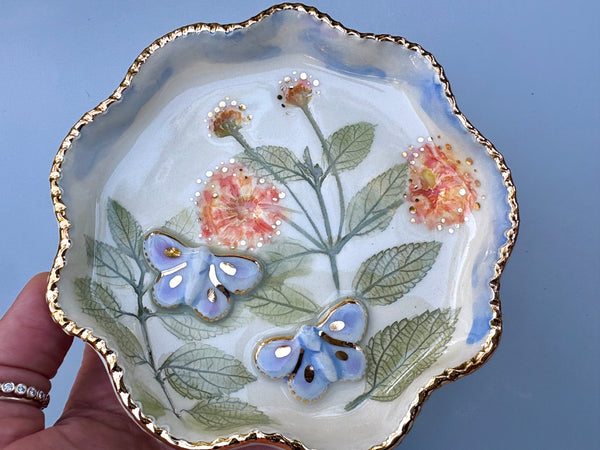Blue Butterfly Jewelry Dish with Lantana Flower and Gold Accent