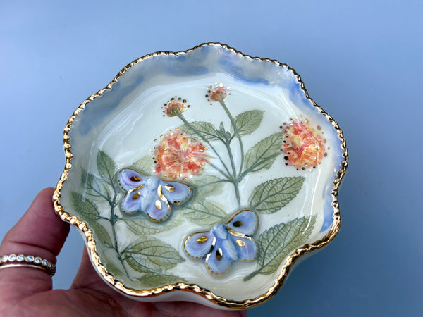 Blue Butterfly Jewelry Dish with Lantana Flower and Gold Accent