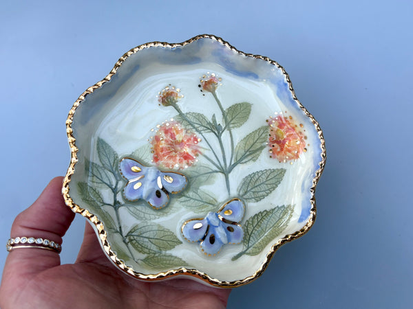 Blue Butterfly Jewelry Dish with Lantana Flower and Gold Accent