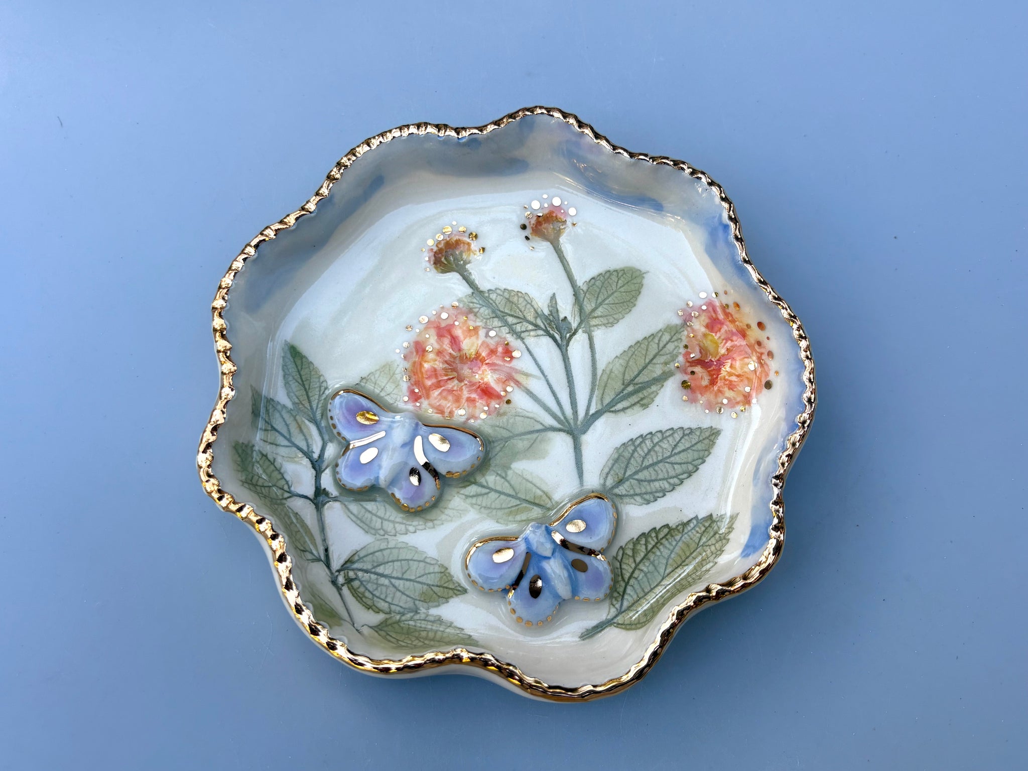 Blue Butterfly Jewelry Dish with Lantana Flower and Gold Accent