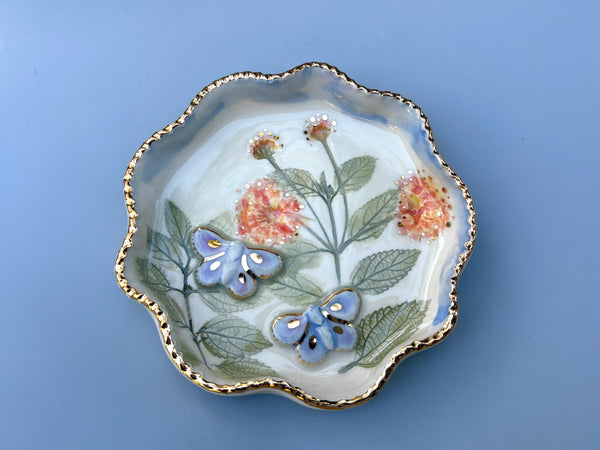 Blue Butterfly Jewelry Dish with Lantana Flower and Gold Accent