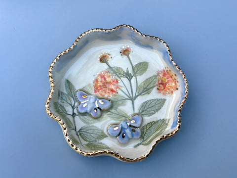 Blue Butterfly Jewelry Dish with Lantana Flower and Gold Accent