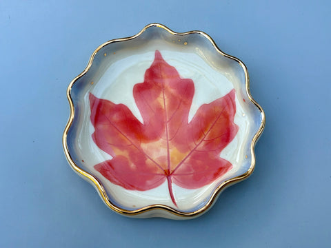 Autumn Maple Leaf Ceramic Jewelry Dish, Colorful Fall Leaf with Gold Accent