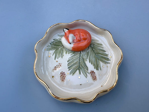 Sleeping Fox on Evergreen Jewelry Holder, Ceramic Dish with Gold Accents