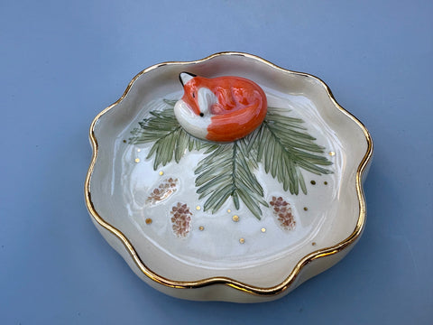 Sleeping Fox Jewelry Holder, Ceramic Evergreen Leaf Trinket Dish with Gold Accent