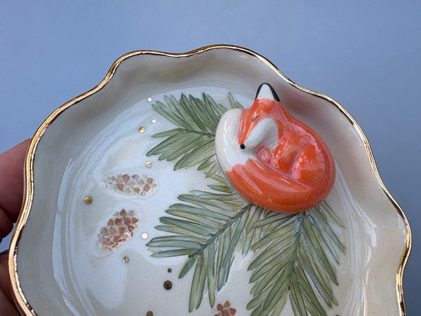 Sleeping Fox on Evergreen Jewelry Holder, Ceramic Dish with Gold Accents