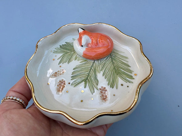 Sleeping Fox on Evergreen Jewelry Holder, Ceramic Dish with Gold Accents