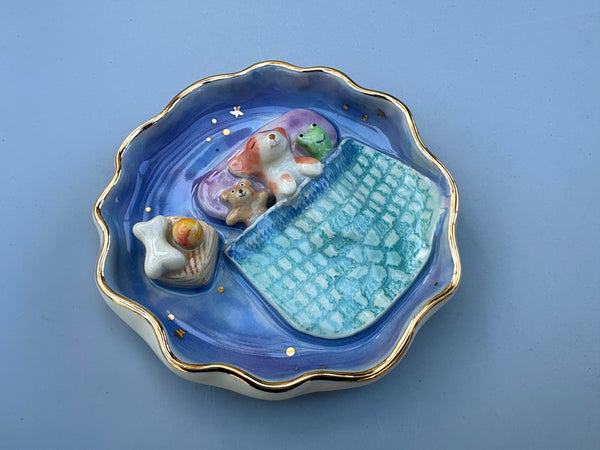 Puppy Sweet Dreams Jewelry Holder, Blue Ceramic Trinket Dish with Gold Accent