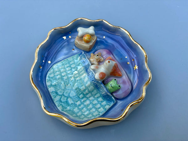 Puppy Sweet Dreams Jewelry Holder, Blue Ceramic Trinket Dish with Gold Accent