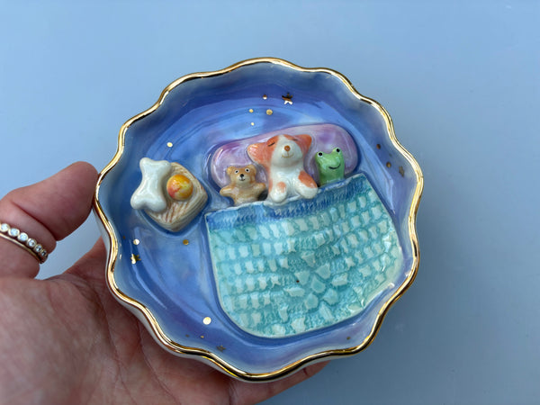 Puppy Sweet Dreams Jewelry Holder, Blue Ceramic Trinket Dish with Gold Accent