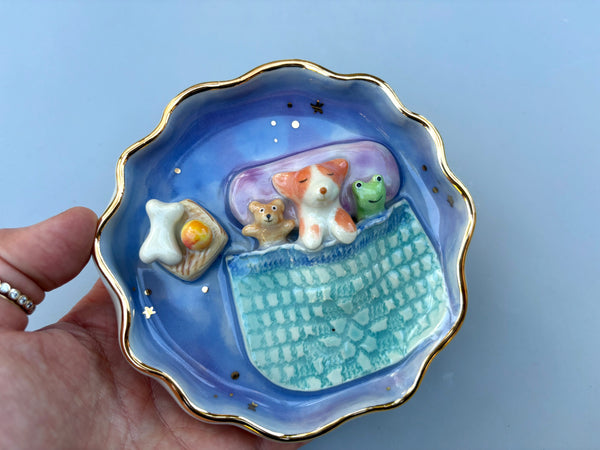 Puppy Sweet Dreams Jewelry Holder, Blue Ceramic Trinket Dish with Gold Accent