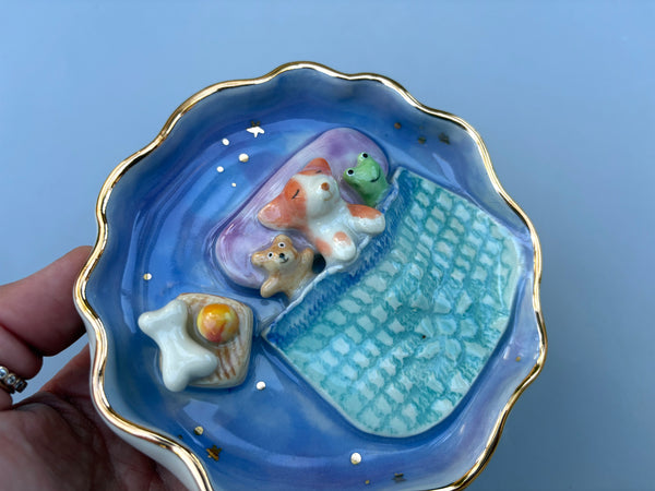 Puppy Sweet Dreams Jewelry Holder, Blue Ceramic Trinket Dish with Gold Accent