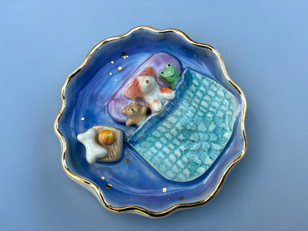Puppy Sweet Dreams Jewelry Holder, Blue Ceramic Trinket Dish with Gold Accent